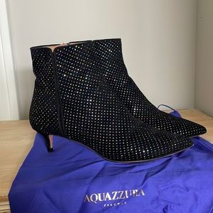 AQUAZZURA 'QUANT' BLACK VELVET GLITTER KITTEN HEEL BOOTIES